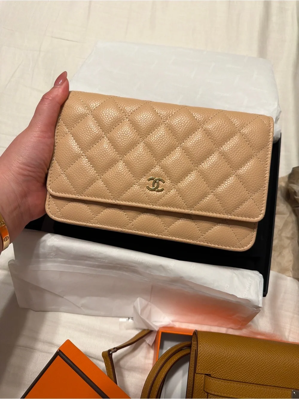 CHANEL Quilted Leather Clutch Wallet - Beige